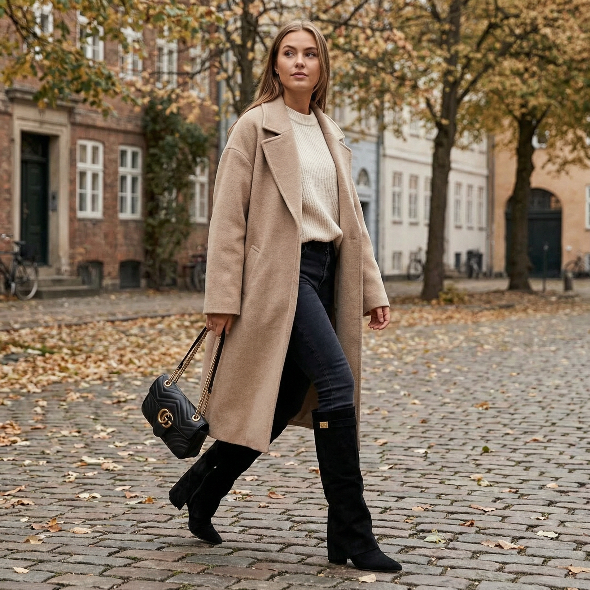 Woman in pink checkered outfit walking outdoors with a pink bag.