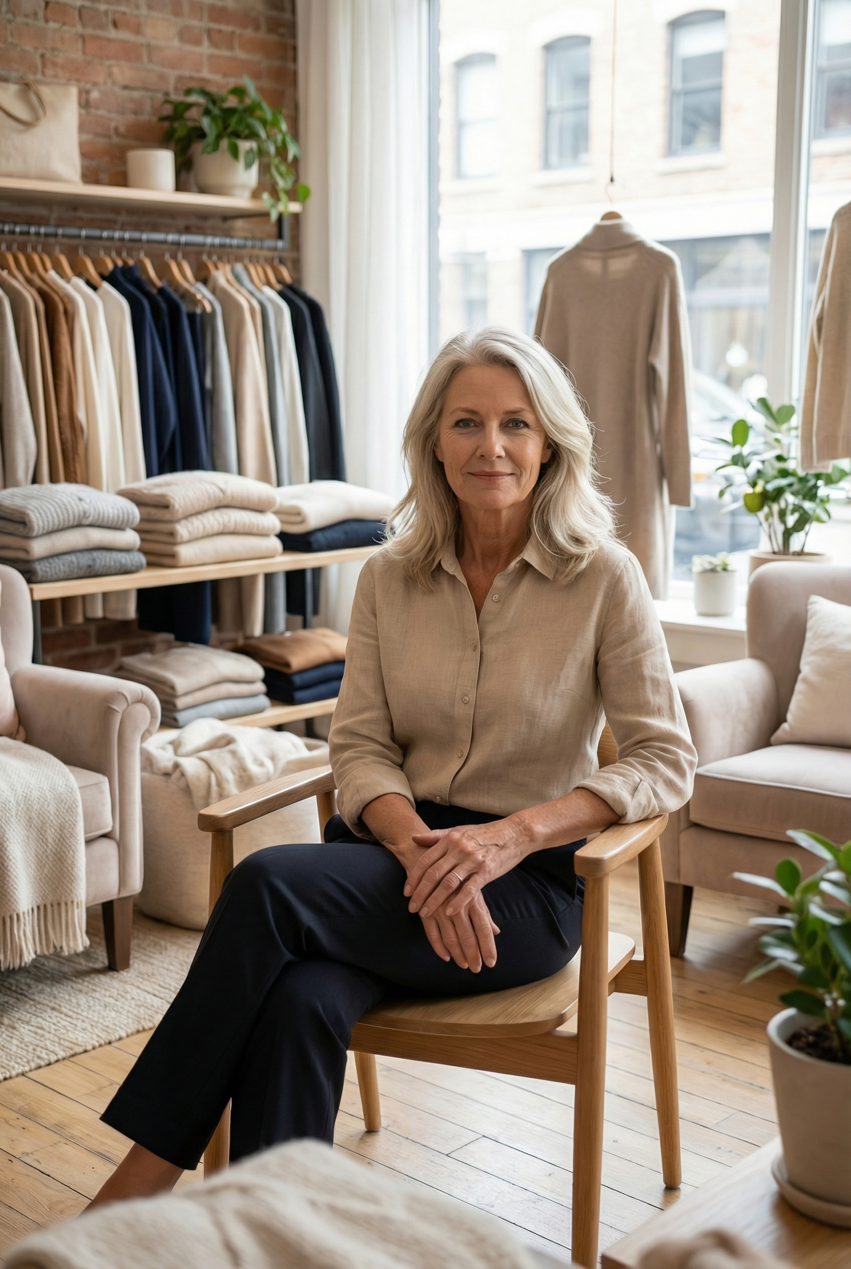 Woman in a blue halter dress standing by a glass wall.
